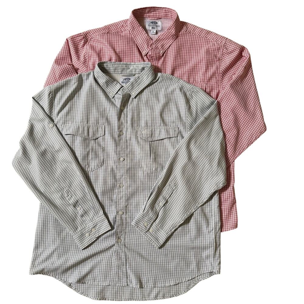 Bundle of 2 AFTCO Men XL Vented Fishing Shirts Long Sleeve Red Gray Button Down